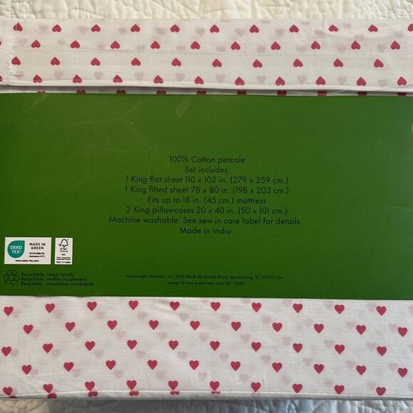 NWT Kate Spade King Sheet Set (4pc) - Pink Hearts Design, 100% Cotton Percale - Picture 2 of 6